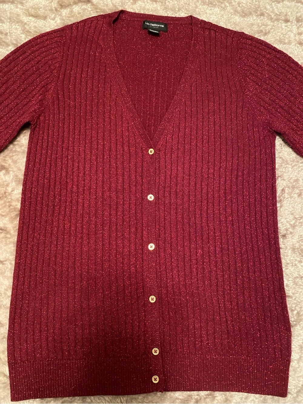 Liz Claiborne Burgundy Ribbed Button Cardigan
